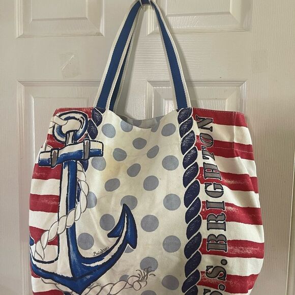 Brighton Sail Away Red White & Blue Anchor Sailing Helm Wheel Canvas lTote Bag - Picture 3 of 11